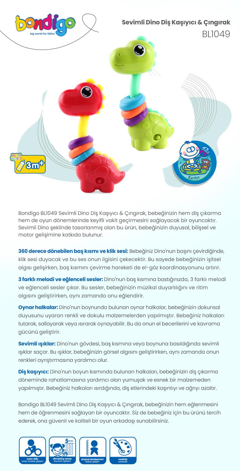 Bondigo Sevimli Dino - Işıklı Müzikli Çıngırak - Yeşil
