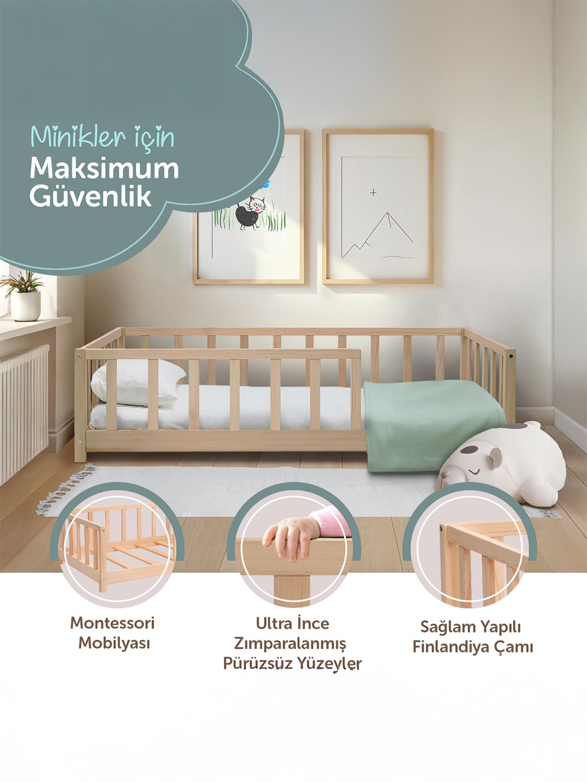 Kukka Doğal Ahşap Montessori Çocuk Karyolası 80x160 cm