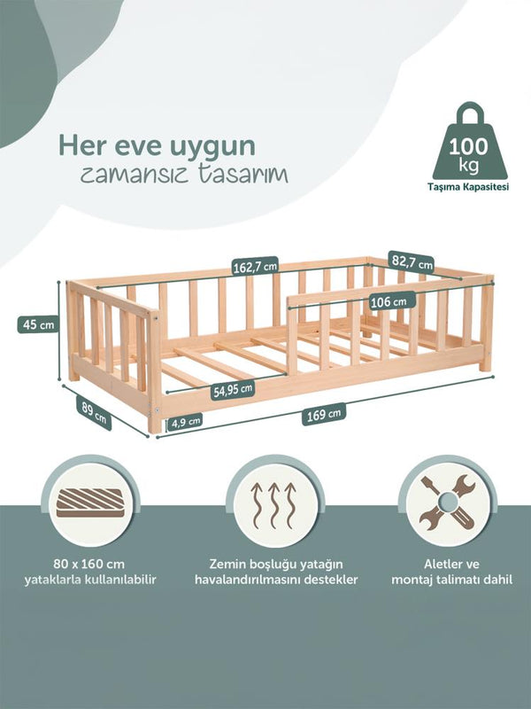Kukka Doğal Ahşap Montessori Çocuk Karyolası 80x160 cm