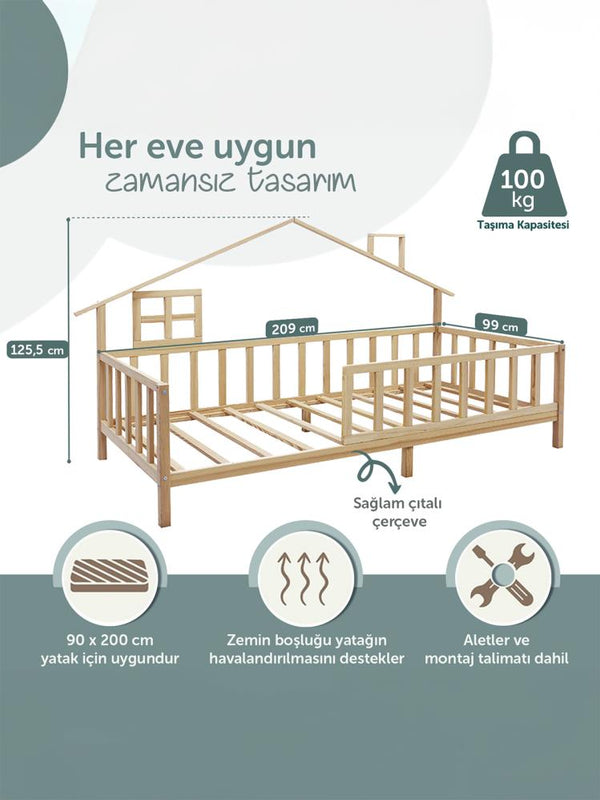 Kukka Doğal Ahşap Montessori Çocuk Karyolası - Çatılı 90x200 cm