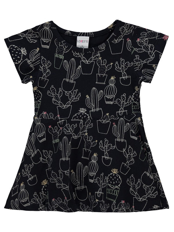 Lovetti Line Art Cactus Desen Kloşe Etek 1-4 Yaş Elbise - Siyah