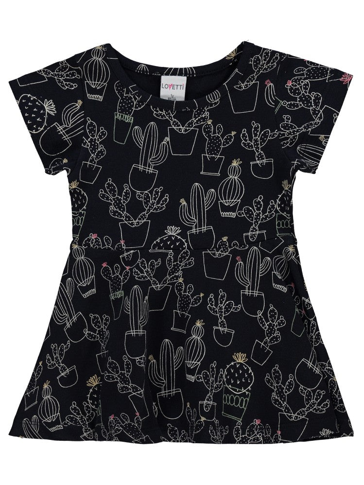 Lovetti Line Art Cactus Desen Kloşe Etek 1-4 Yaş Elbise - Siyah