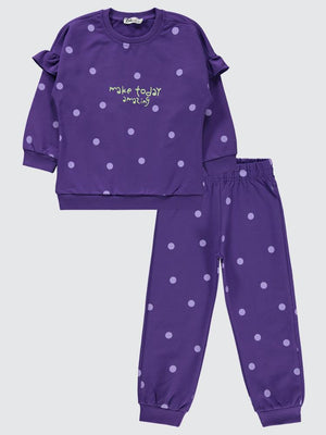 Civil Girls Puan Desenli Kolu Fırfırlı 2-5 Yaş Eşofman Takımı - Lila