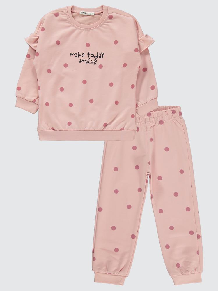 Civil Girls Puan Desenli Kolu Fırfırlı 2-5 Yaş Eşofman Takımı - Pudra