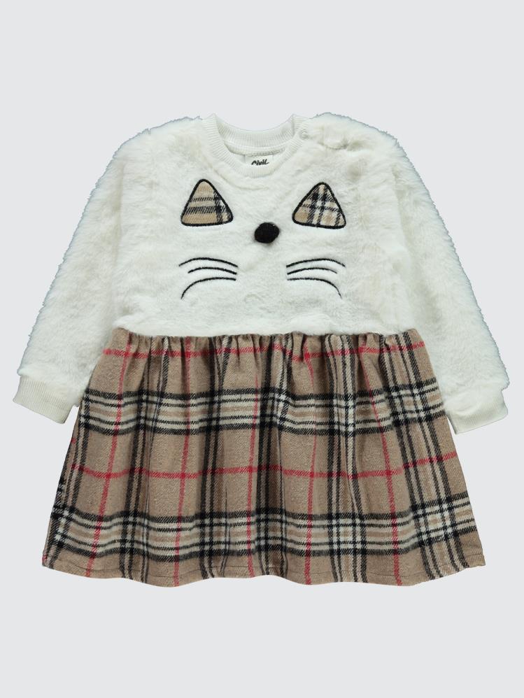 Civil Baby Pelüş Kedi Nakışlı 9-18 Ay Elbise - Bej