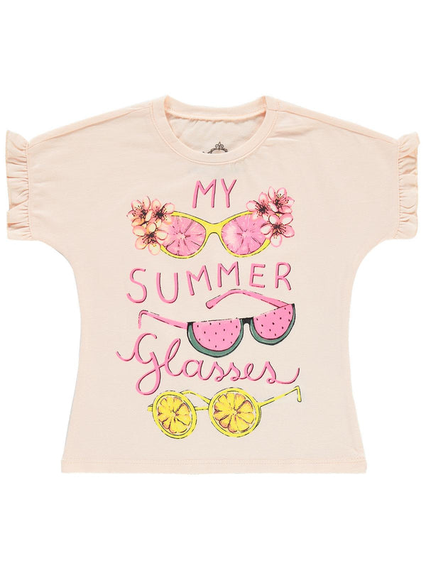 Civil Girls Gözlükler Baskılı 2-5 Yaş Tişört - Pudra