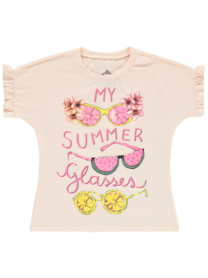 Civil Girls Gözlükler Baskılı 2-5 Yaş Tişört - Pudra