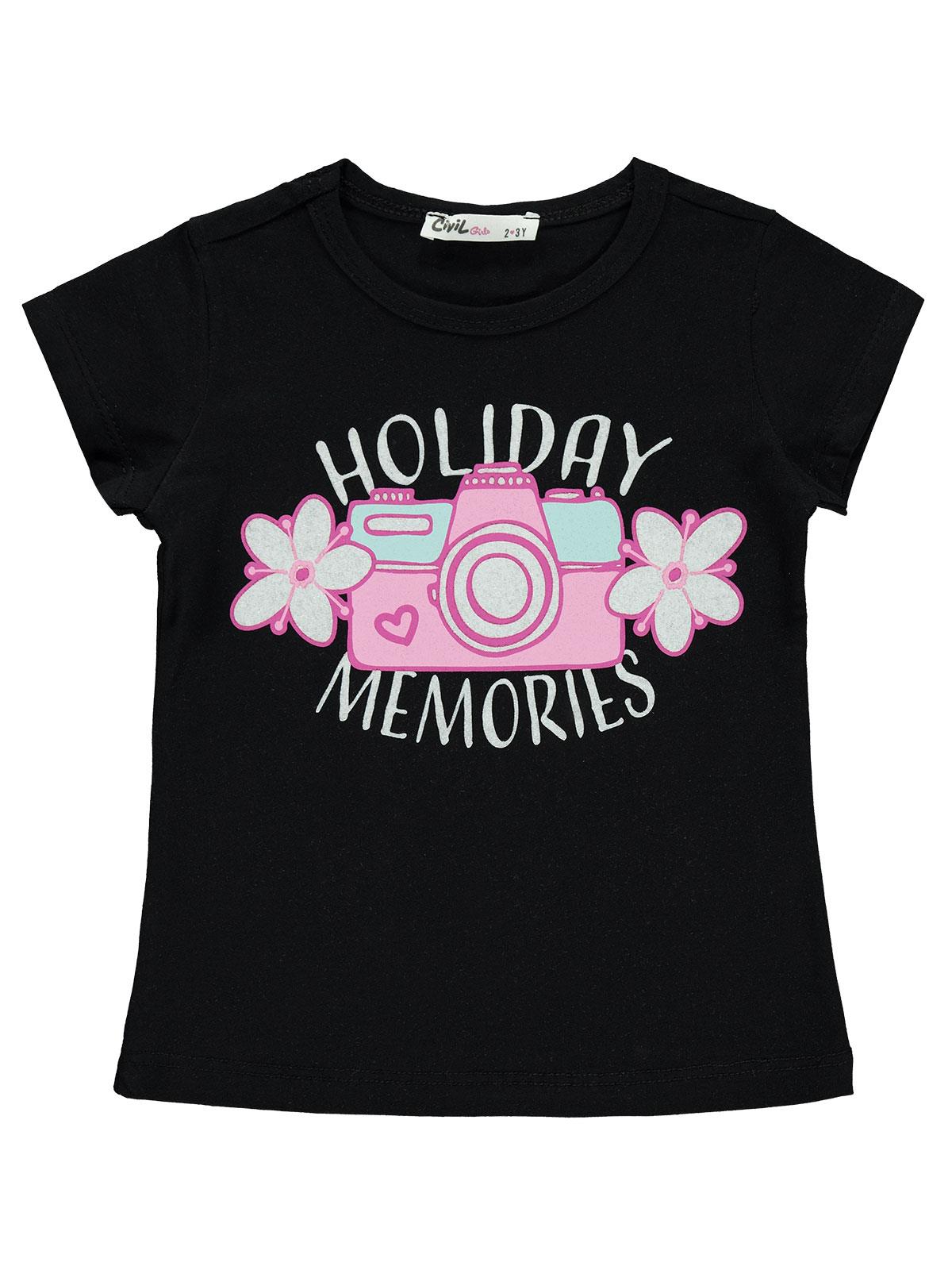 Civil Girls Holiday Baskılı 2-5 Yaş Tişört - Siyah