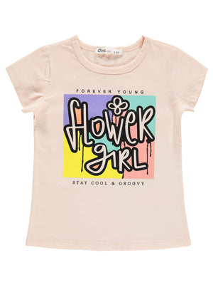Civil Girls Flower Girl Baskılı 2-5 Yaş Tişört - Pudra
