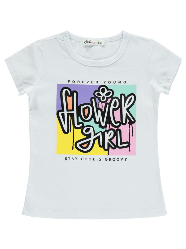 Civil Girls Flower Girl Baskılı 2-5 Yaş Tişört - Beyaz