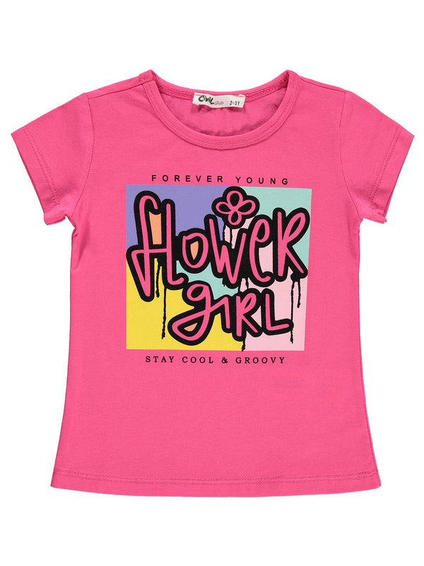 Civil Girls Flower Girl Baskılı 2-5 Yaş Tişört - Fusya