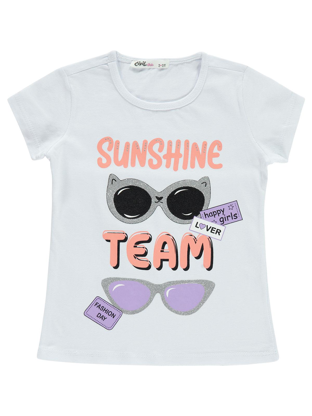 Civil Girls Gözlük Baskılı 2-5 Yaş Tişört - Beyaz