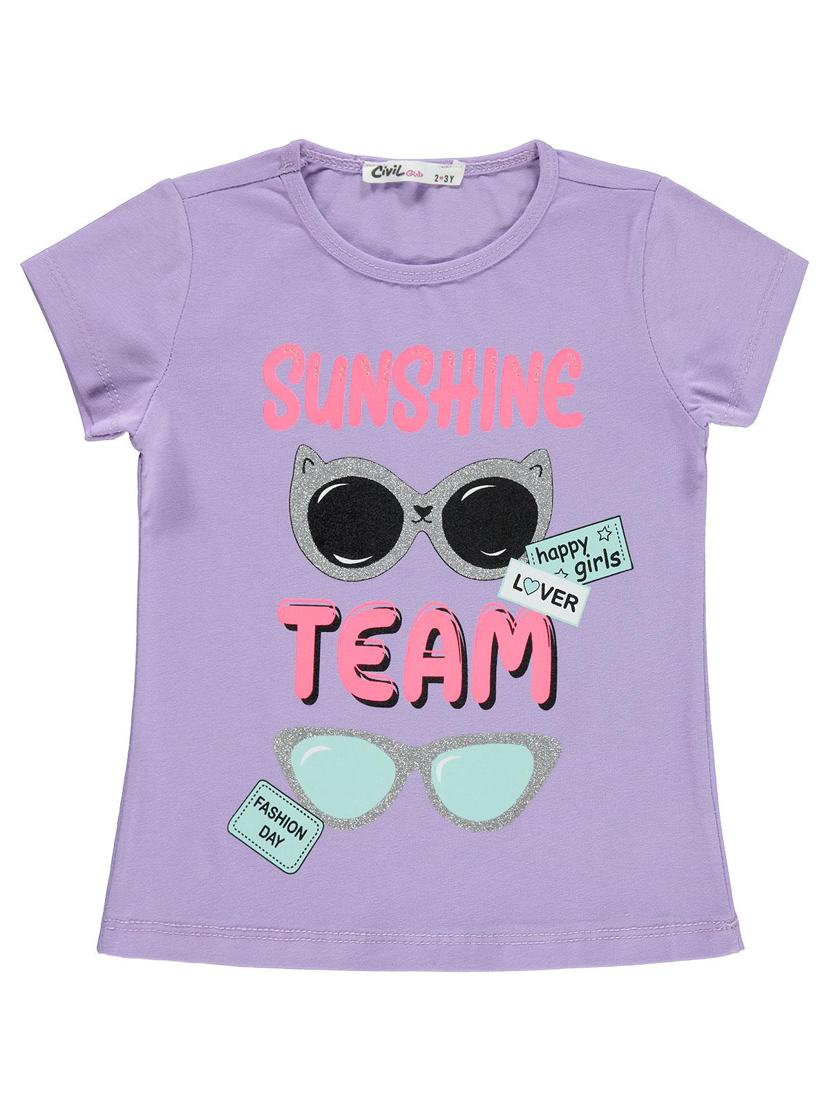 Civil Girls Gözlük Baskılı 2-5 Yaş Tişört - Lila