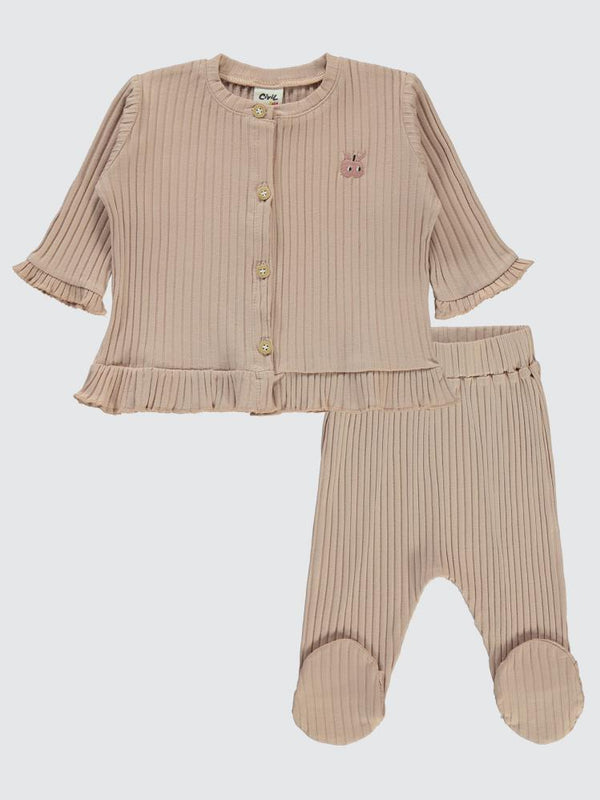 Civil Baby Kol Ve Bel Fırfırlı Nakışlı 3-6 Ay Pijama Takımı - Pudra