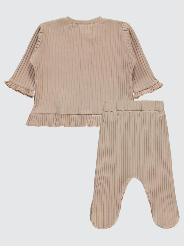 Civil Baby Kol Ve Bel Fırfırlı Nakışlı 3-6 Ay Pijama Takımı - Pudra