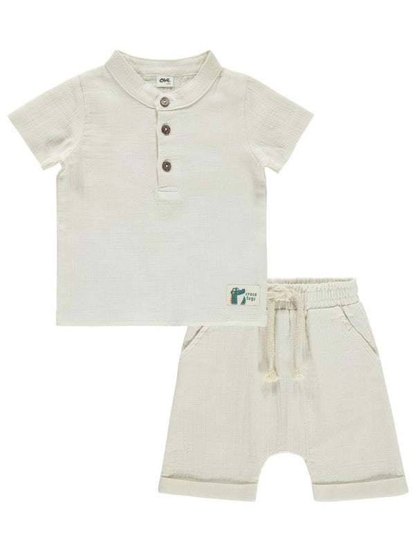 Civil Baby Kıvırcık Yaka Düğmeli Timsah Armalı 6-18 Ay Takım - Bej