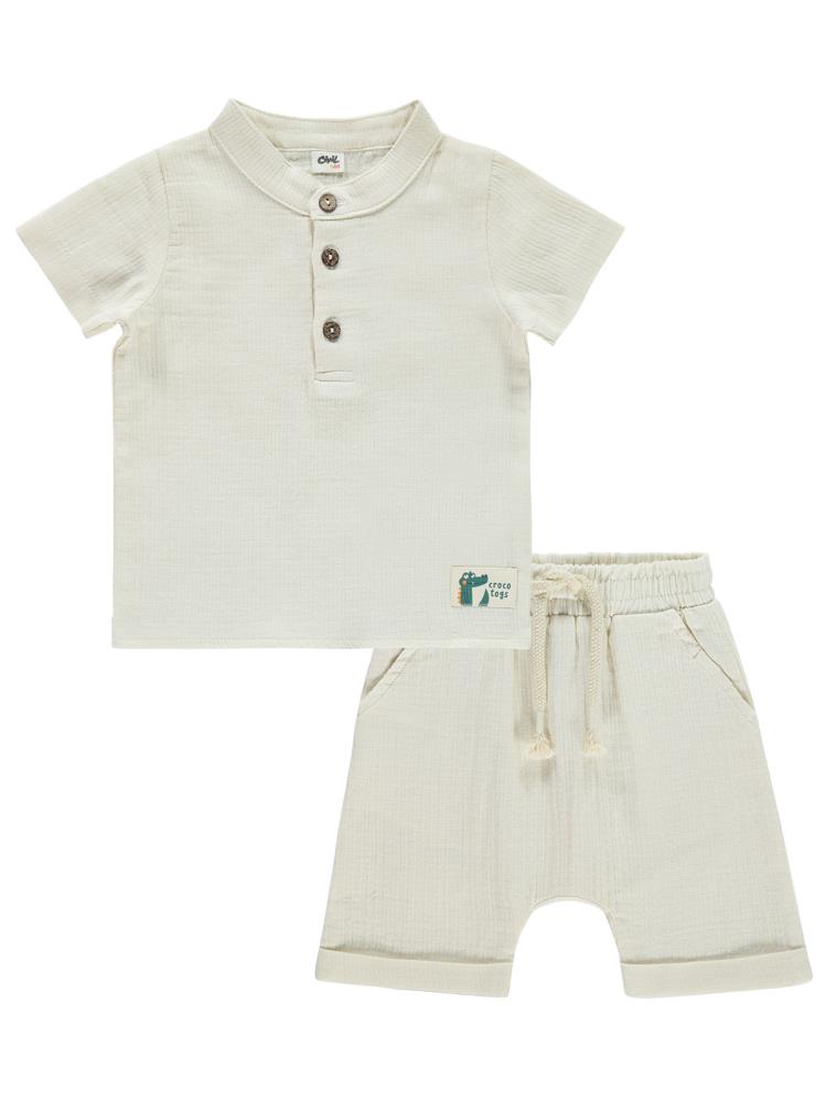 Civil Baby Kıvırcık Yaka Düğmeli Timsah Armalı 6-18 Ay Takım - Bej