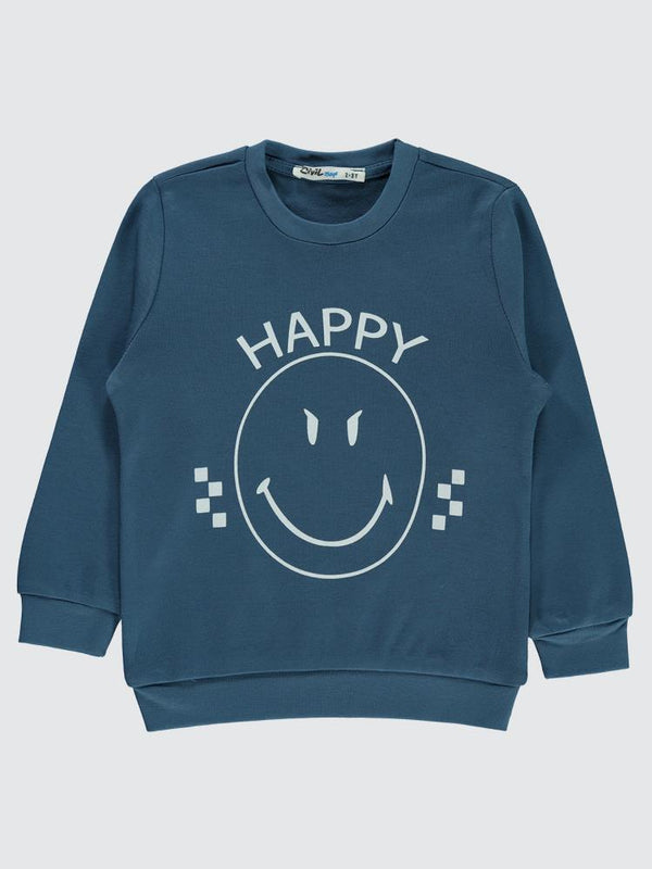 Civil Boys Happy Gülen Yüz Baskılı 2-5 Yaş Sweatshirt - Mavi