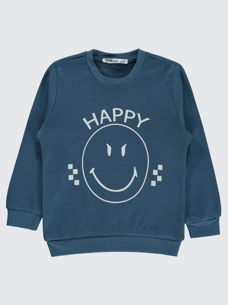 Civil Boys Happy Gülen Yüz Baskılı 2-5 Yaş Sweatshirt - Mavi