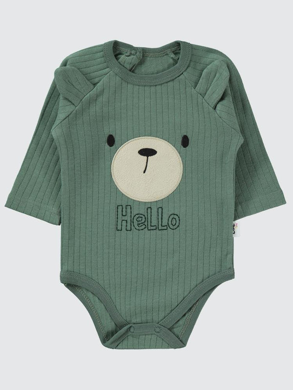 Civil Baby Hello Ayıcık Nakışlı 3-18 Ay Çıtçıtlı Badi - Haki