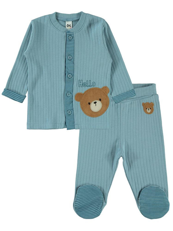Civil Baby Patikli Hello Ayıcık Nakışlı 1-9 Ay Pijama Takımı - Mavi