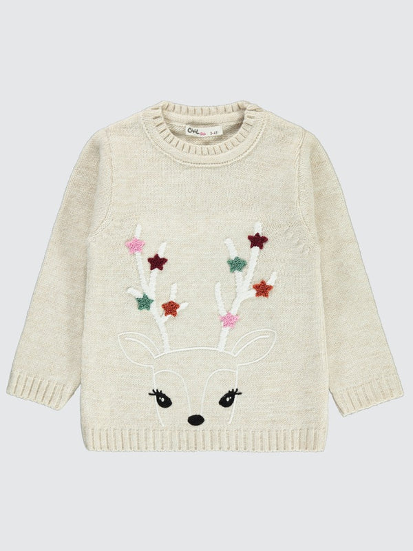 Civil Girls Geyik Nakışlı 2-5 Yaş Kazak - Bej