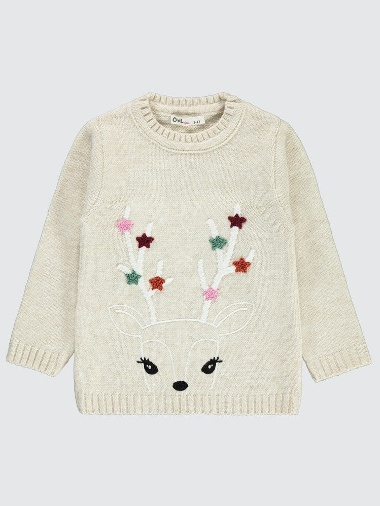 Civil Girls Geyik Nakışlı 2-5 Yaş Kazak - Bej