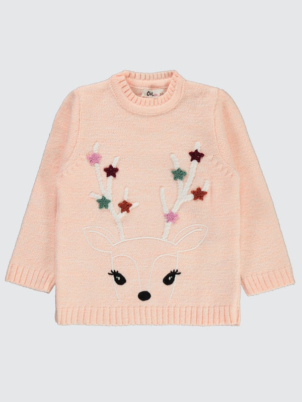 Civil Girls Geyik Nakışlı 2-5 Yaş Kazak - Pudra