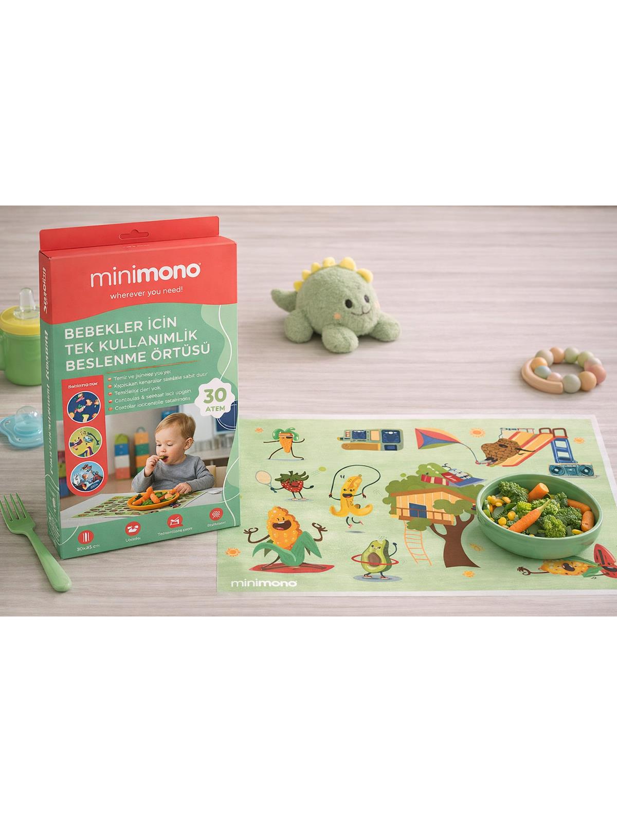Minimono Bebekler İçin Tek Kullanımlık Beslenme Örtüsü- 30'lu Paket - Yeşil