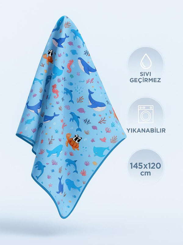 Minimono Mama Sandalyesi Altı ve Aktivite Bakım Örtüsü - Sıvı Geçirmez Kaydırmaz Yıkanabilir - 145x120cm - Mavi