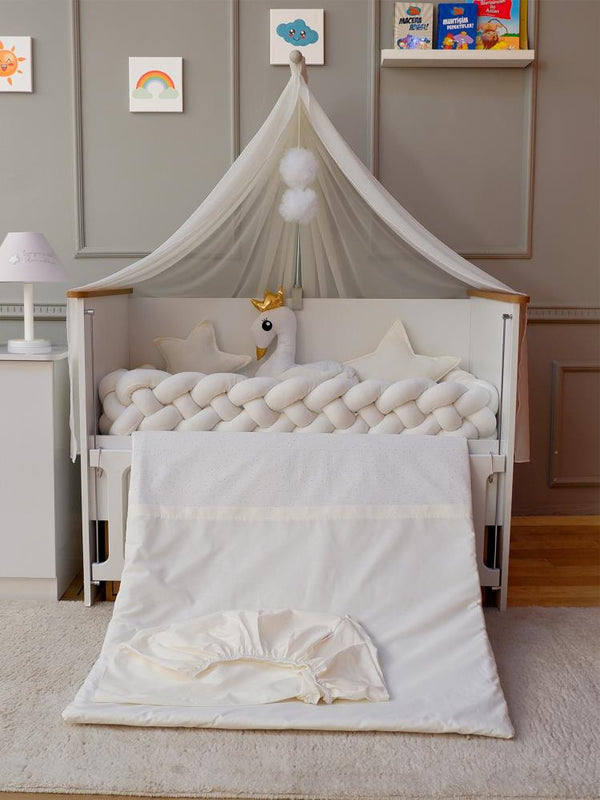 Yuar Baby Kadife 4 lü Örgü Beşik Uyku Seti Kuğu Modeli - Bej