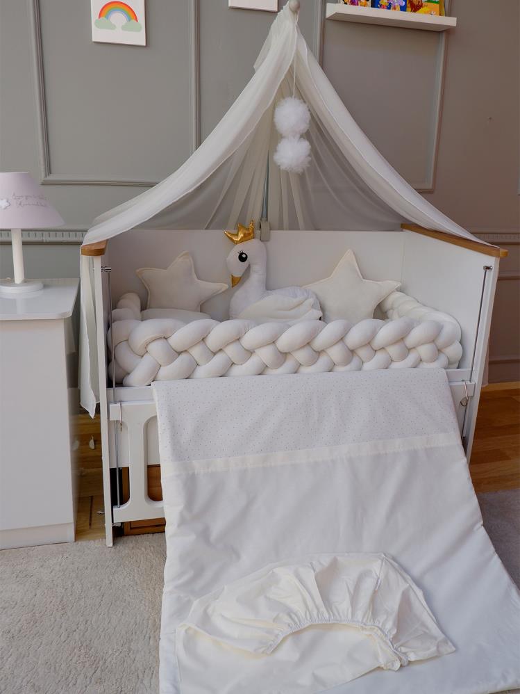 Yuar Baby Kadife 4 lü Örgü Beşik Uyku Seti Kuğu Modeli - Bej