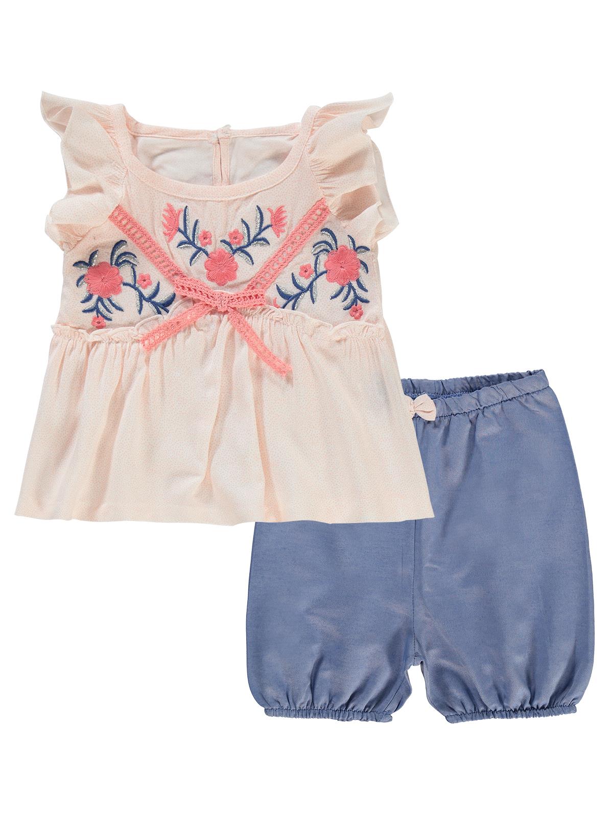 Kumru Çiçek Nakışlı Örgü Fiyonklu 6-18 Ay Takım - Pudra