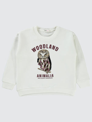 Civil Kız Çocuk Pullu Baykuş Baskılı Sweatshirt | 3 İp Uzun Kol | Okul Kreş ve Günlük Kullanım - Ekru