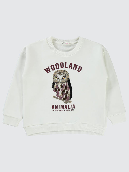 Civil Kız Çocuk Pullu Baykuş Baskılı Sweatshirt | 3 İp Uzun Kol | Okul Kreş ve Günlük Kullanım - Ekru