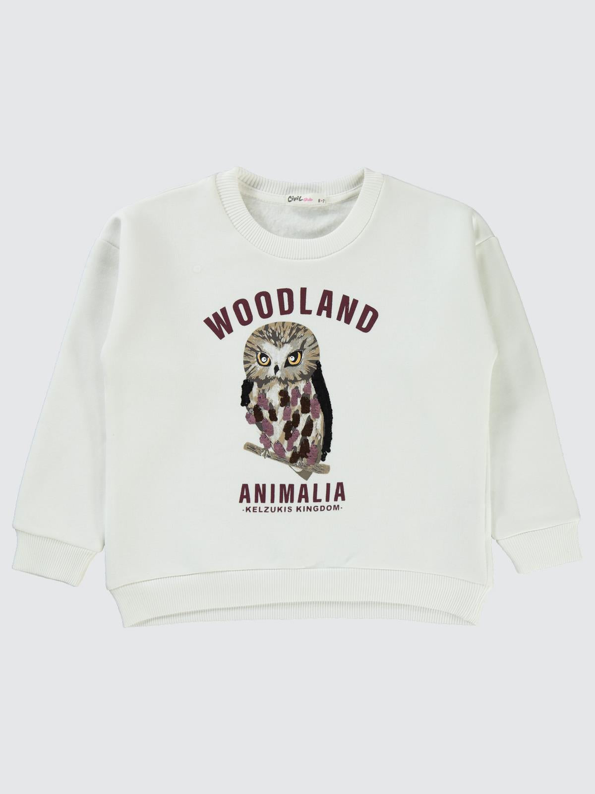 Civil Kız Çocuk Pullu Baykuş Baskılı Sweatshirt | 3 İp Uzun Kol | Okul Kreş ve Günlük Kullanım - Ekru
