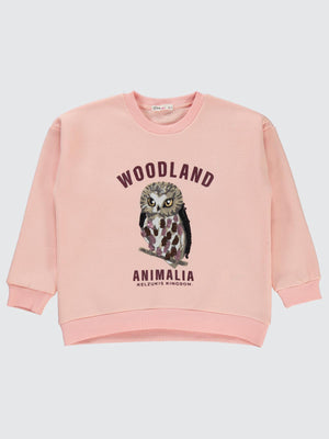 Civil Kız Çocuk Pullu Baykuş Baskılı Sweatshirt | 3 İp Uzun Kol | Okul Kreş ve Günlük Kullanım - Pudra