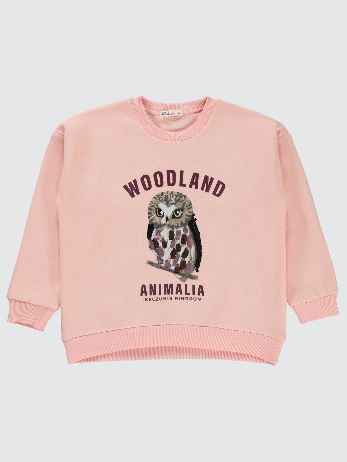 Civil Kız Çocuk Pullu Baykuş Baskılı Sweatshirt | 3 İp Uzun Kol | Okul Kreş ve Günlük Kullanım - Pudra