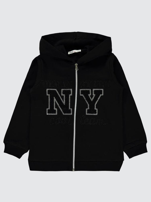 Civil Girls NY Nakışlı 10-13 Yaş Hırka - Siyah