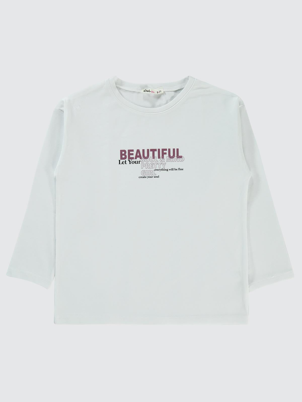 Civil Kız Çocuk Beautiful Baskılı Sweatshirt | Likralı Süprem | Okul Kreş ve Günlük Kullanım - Beyaz