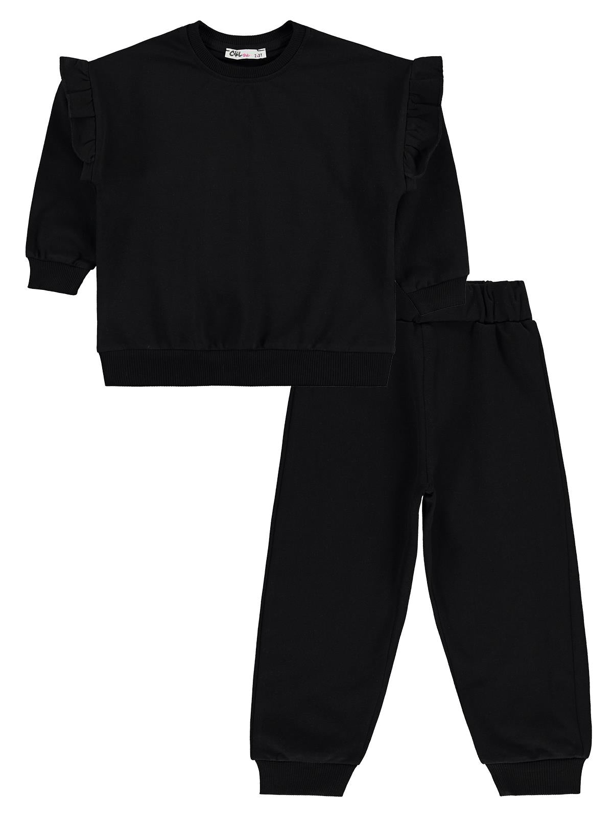 Civil Girls Kolu Fırfırlı 2-5 Yaş Eşofman Takımı - Siyah