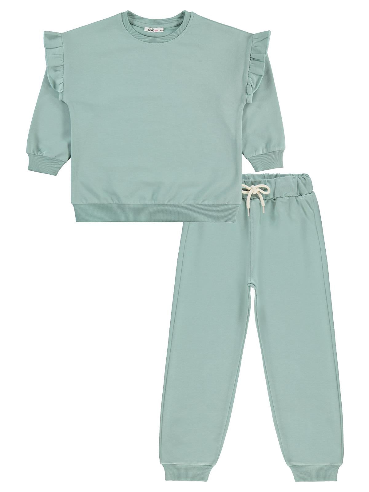 Civil Girls Kolu Fırfırlı 6-9 Yaş Eşofman Takımı - Yeşil