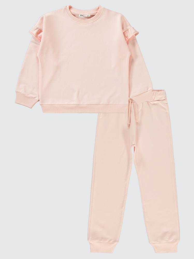 Civil Girls Kolu Fırfırlı 6-9 Yaş Eşofman Takımı - Pudra