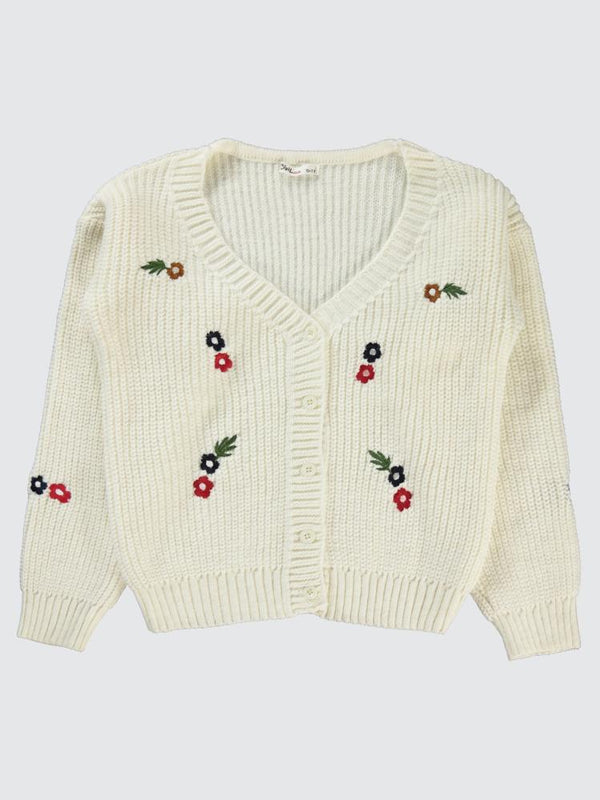 Civil Girls Çiçek Nakışlı 10-13 Yaş Hırka - Ekru