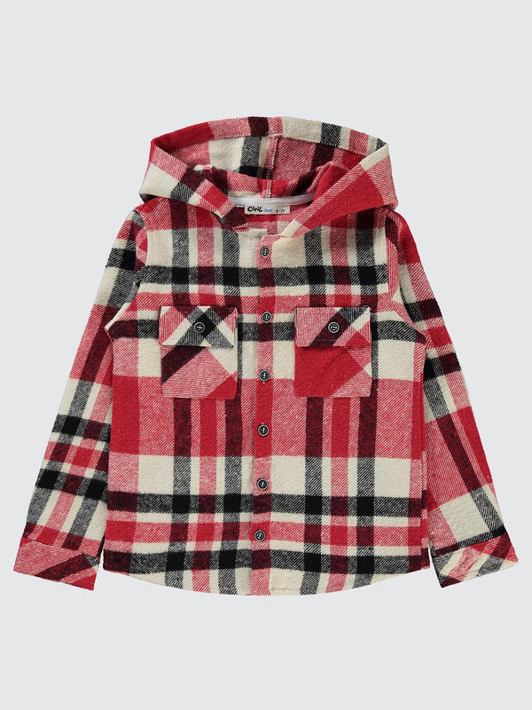 Civil Boys Kapşonlu Ekoseli 6-9 Yaş Gömlek - Kırmızı