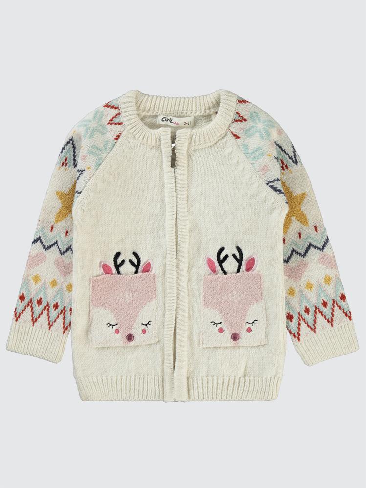 Civil Girls Geyik Nakışlı 2-5 Yaş Hırka - Ekru