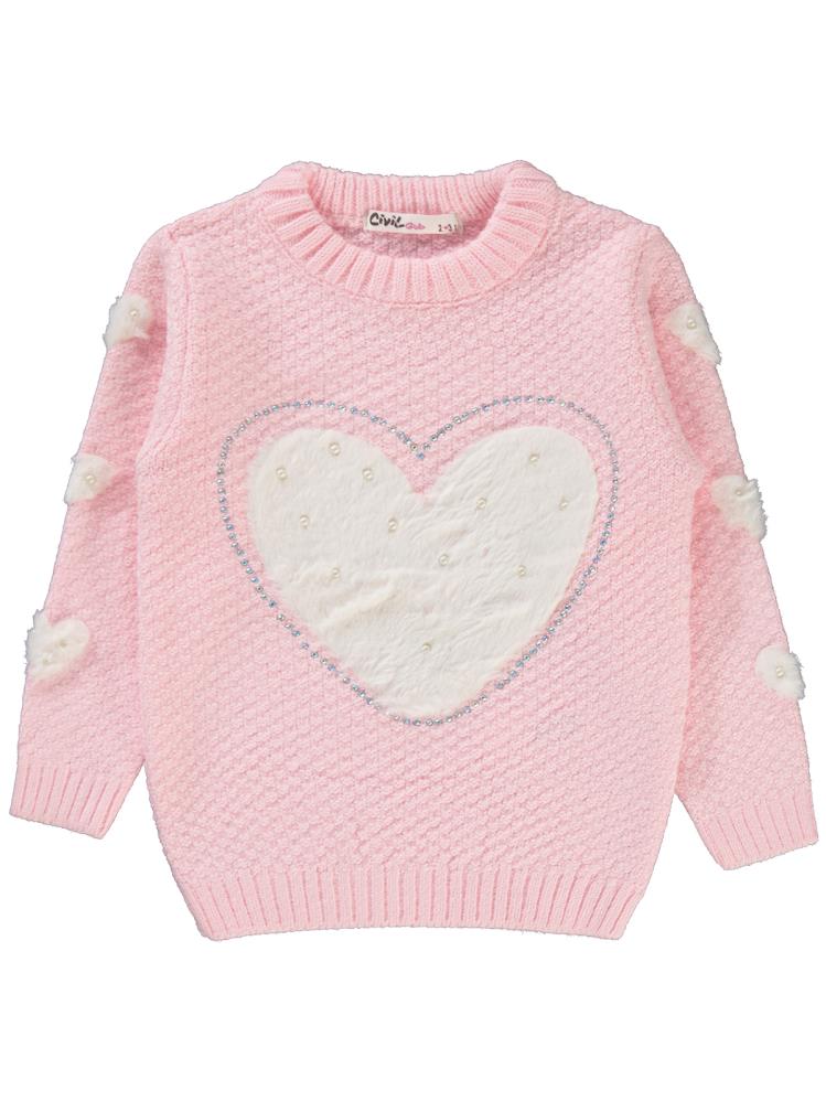 Civil Girls Pelüş Kalp Nakışlı 2-5 Yaş Kazak - Pembe
