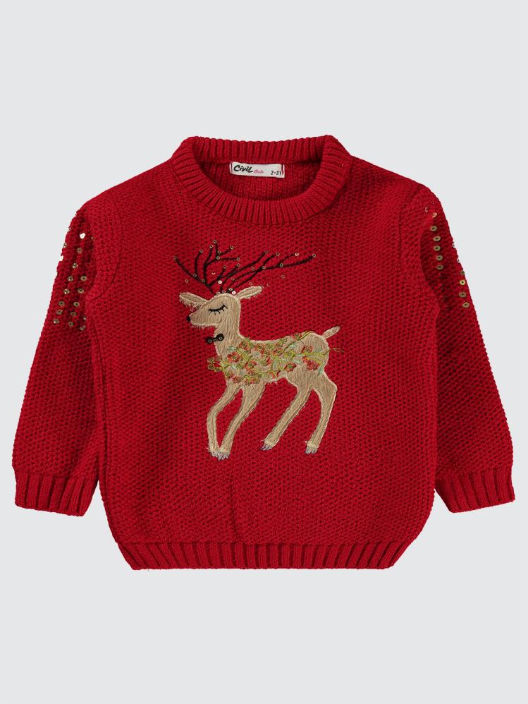 Civil Girls Geyik Nakışlı 2-5 Yaş Kazak - Kırmızı