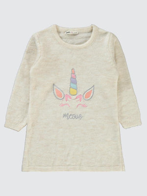 Civil Girls Unicorn Desenli 2-5 Yaş Elbise - Bej
