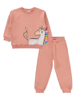 Civil Girls Püsküllü Unicorn Baskılı 2-5 Yaş Eşofman Takımı - Turuncu